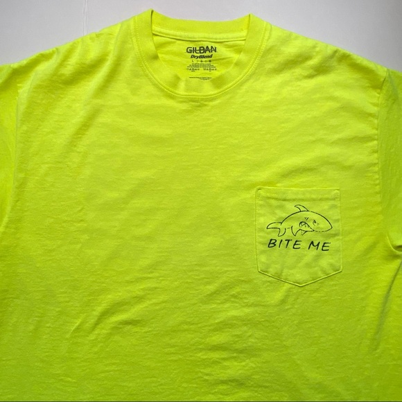 Gildan Dry Blend Neon Yellow Bite Me Shark On Pocket Men Size Large - Picture 2 of 7